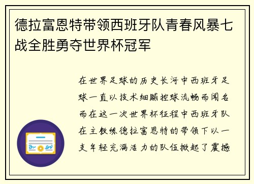 德拉富恩特带领西班牙队青春风暴七战全胜勇夺世界杯冠军
