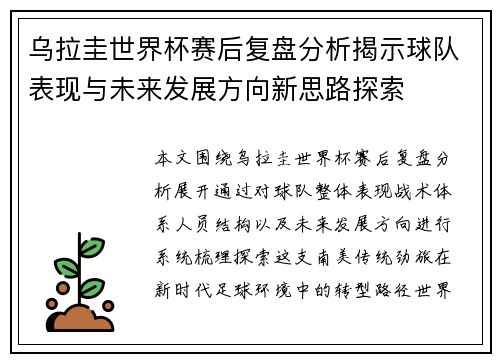 乌拉圭世界杯赛后复盘分析揭示球队表现与未来发展方向新思路探索
